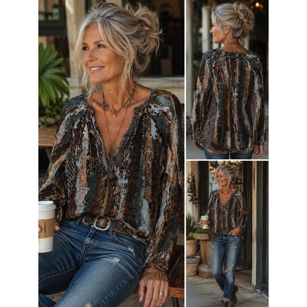Alberto Makali Small Snake Skin Popover Blouse Brown Crochet Knit Long Sleeves